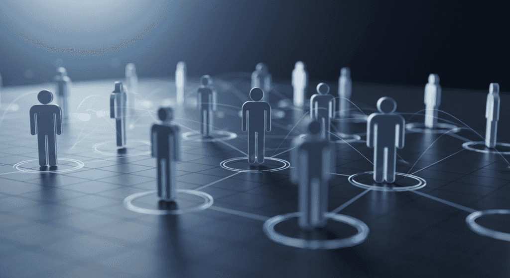 Representación visual de red social con figuras humanas conectadas