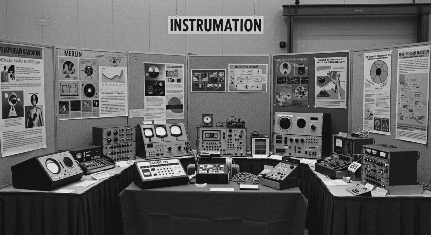 Exhibición de instrumentación científica: Fotografía en blanco y negro de equipos de medición y control en presentación pública. Accesibilidad web y SEO para ciencia, física nuclear y tecnología antigua.