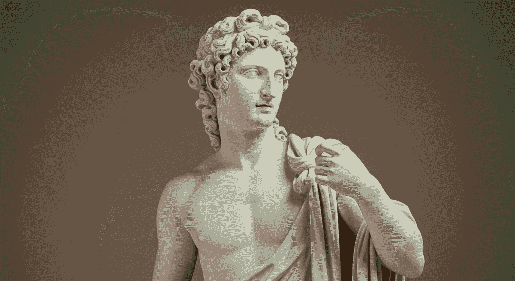 Los 6 dioses más poderosos de la mitología griega y sus historias épicas 3 Estatua de Apolo en mármol blanco con túnica y gesto señorial. Escultura de la mitología griega para contenido de arte y cultura clásica.