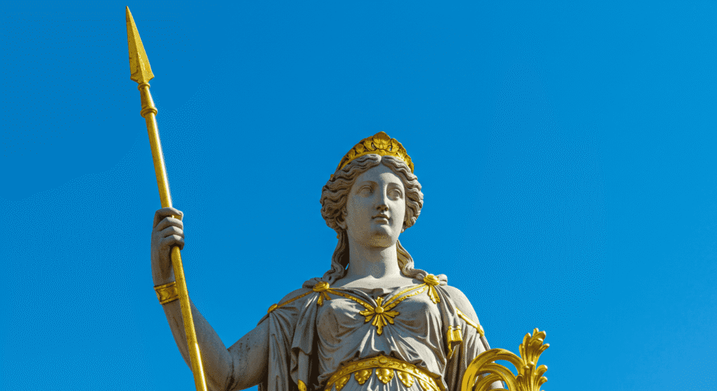 Los 6 dioses más poderosos de la mitología griega y sus historias épicas 6 Estatua dorada de Atenea con lanza sobre cielo azul. Escultura de la diosa griega para contenido de mitología y arte.