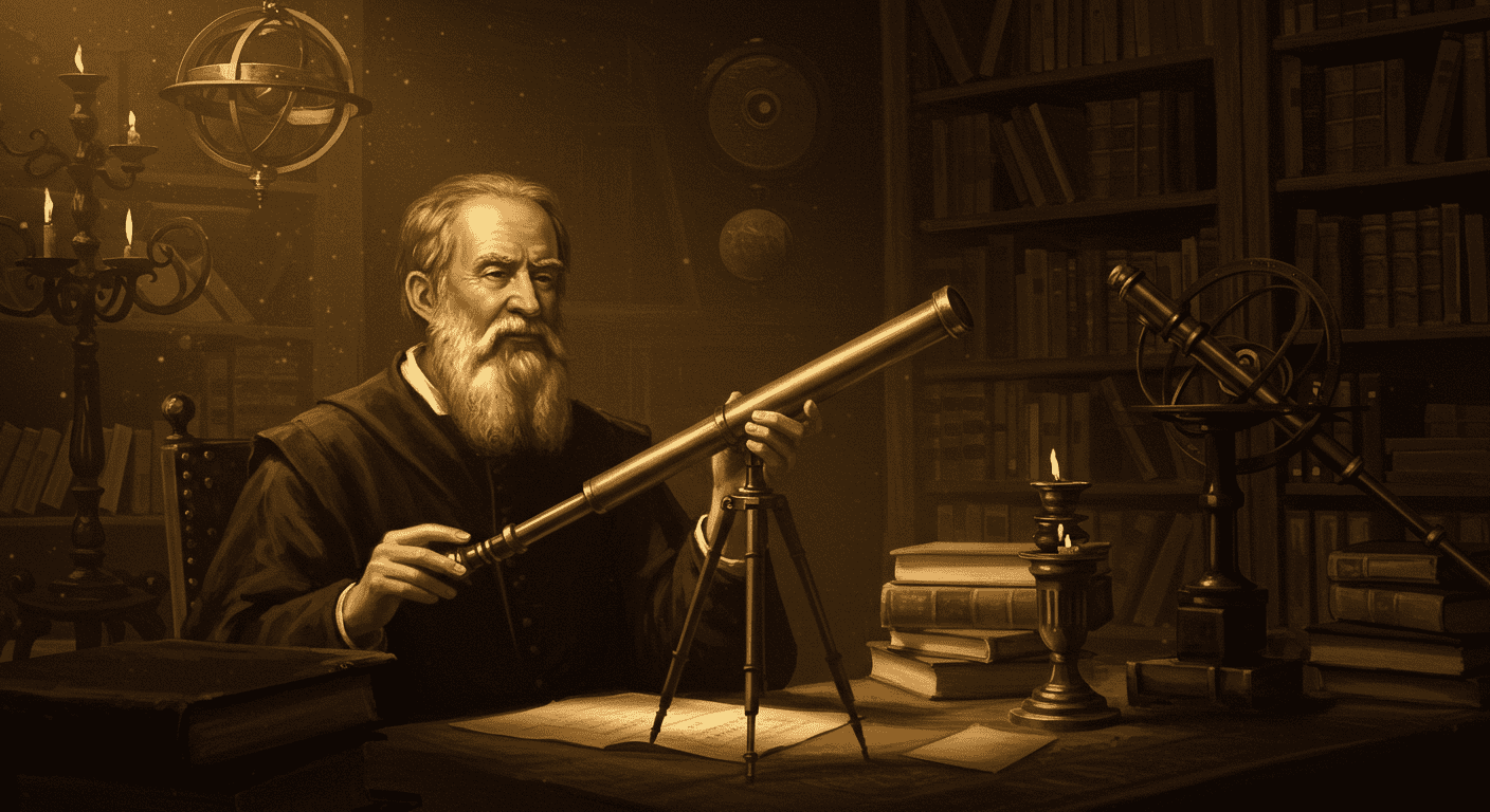 "Astrónomo anciano con telescopio en biblioteca llena de libros. Imagen de científico y sabiduría. Ideal para ciencia, historia y astronomía,