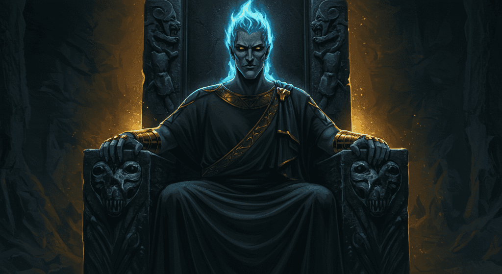 Los 6 dioses más poderosos de la mitología griega y sus historias épicas 2 Ilustración digital de Hades sentado en su trono con aspecto imponente. Imagen de mitología griega para contenido de dioses y leyendas.