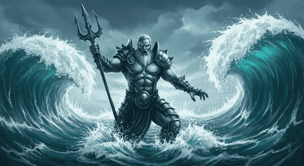 Los 6 dioses más poderosos de la mitología griega y sus historias épicas 5 Ilustración digital de Poseidón emergiendo del mar con tridente. Imagen de dios griego para contenido de mitología y océanos.