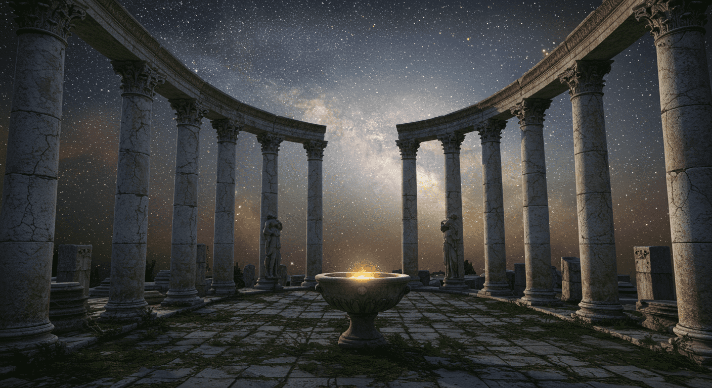 Ruinas antiguas con pilares y cielo estrellado en ilustración digital. Imagen de mitología y arquitectura antigua bajo un cielo espacial.