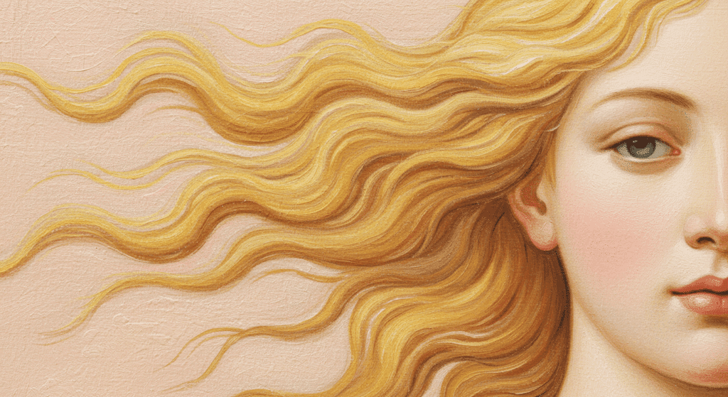 Los 6 dioses más poderosos de la mitología griega y sus historias épicas 4 Detalle del rostro de Venus con cabello rubio en pintura renacentista. Obra de arte clásica para contenido de belleza y mitología.