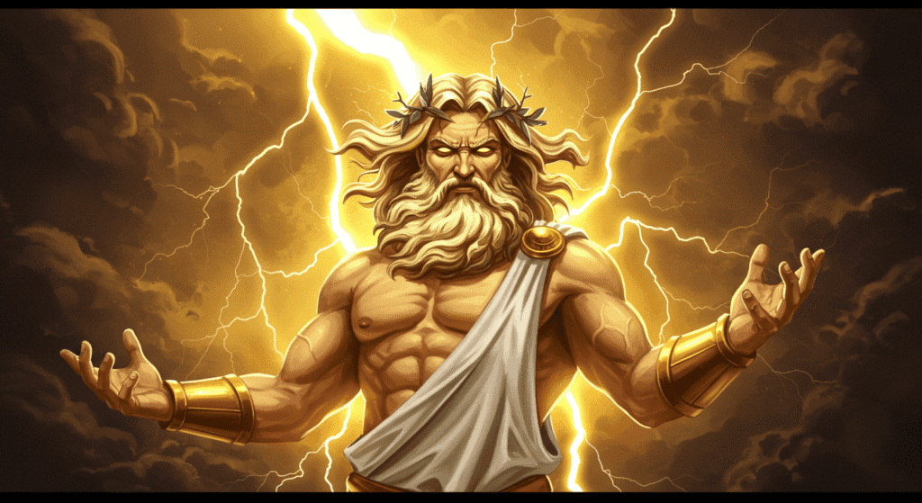 Los 6 dioses más poderosos de la mitología griega y sus historias épicas 7 Zeus en pintura digital con dorados y relámpagos. Ilustración de dios griego para contenido de mitología y fantasía.