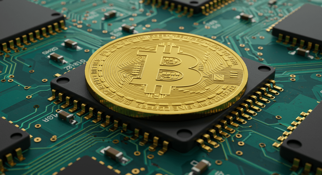 La Revolución de las Criptomonedas: ¿La Nueva Moneda Global? 2 Bitcoin y placa electrónica: Imagen de Bitcoin sobre placa electrónica, simbolismo criptomoneda y tecnología. Accesibilidad web y SEO para finanzas, criptodivisas y tecnología blockchain.