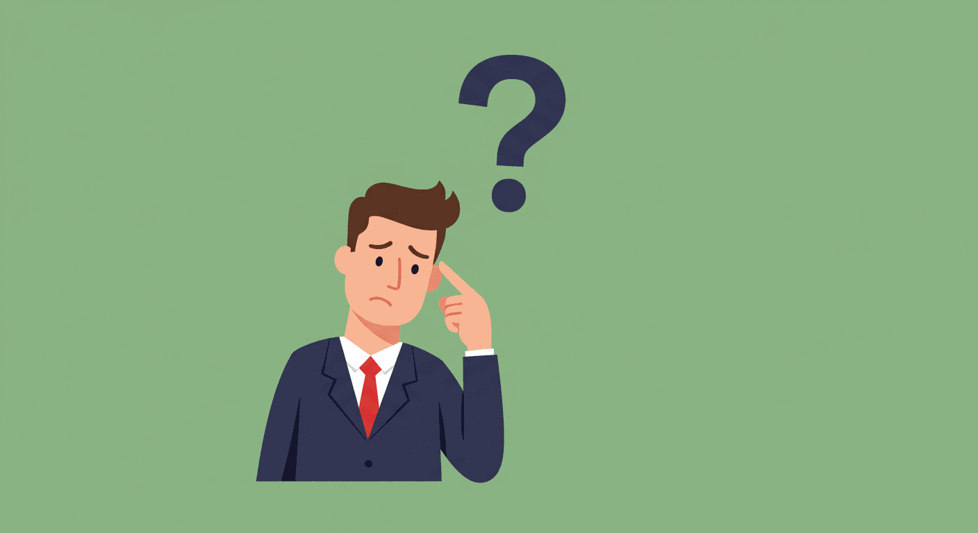 Dibujo animado de hombre de negocios pensando con signo de interrogación. Ilustración de persona confundida o dudando. Representación gráfica de pregunta o problema. Diseño minimalista en fondo verde.