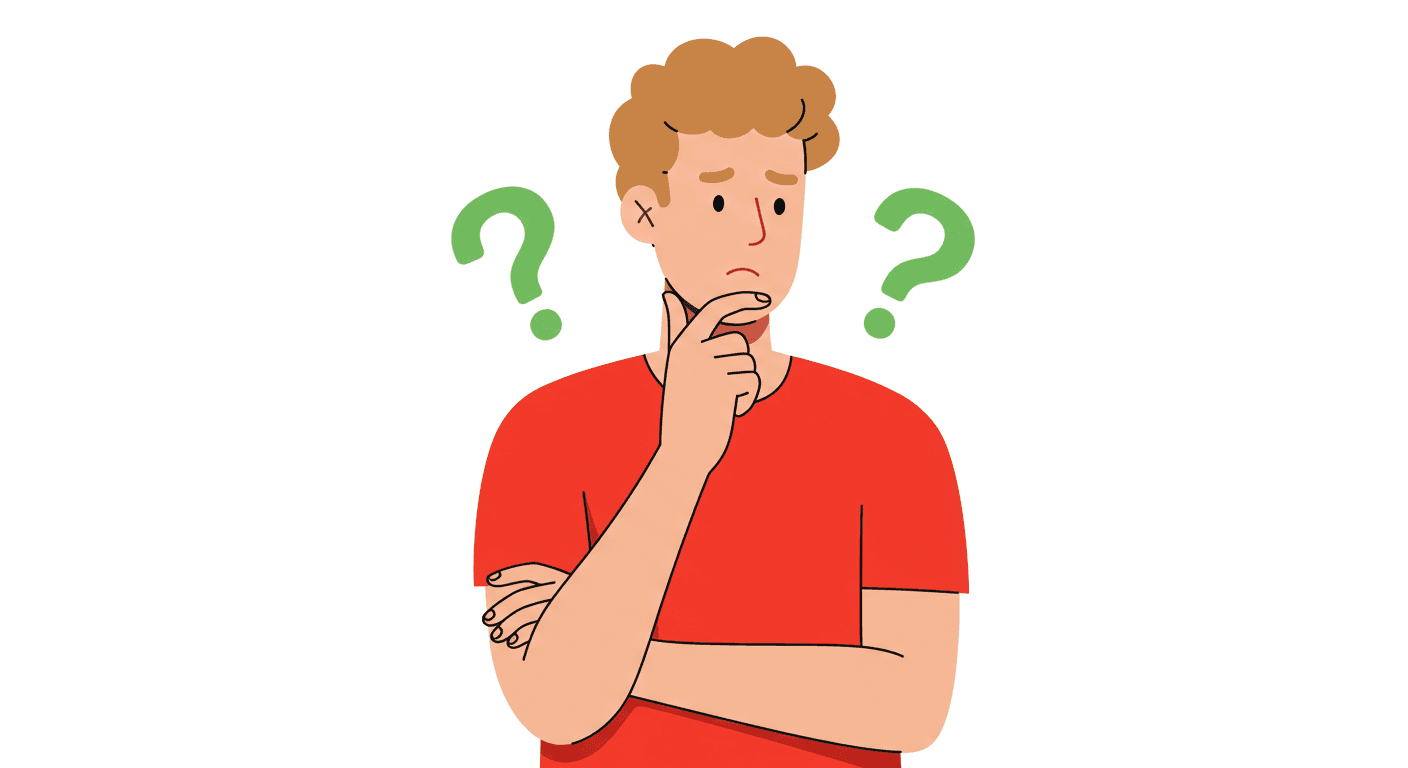 "Ilustración de un joven pensativo con signos de interrogación verdes. Dibujo animado de una persona reflexionando sobre un fondo blanco, ideal para representar preguntas, dudas o decisiones. Diseño sencillo y claro para transmitir conceptos de pensamiento."