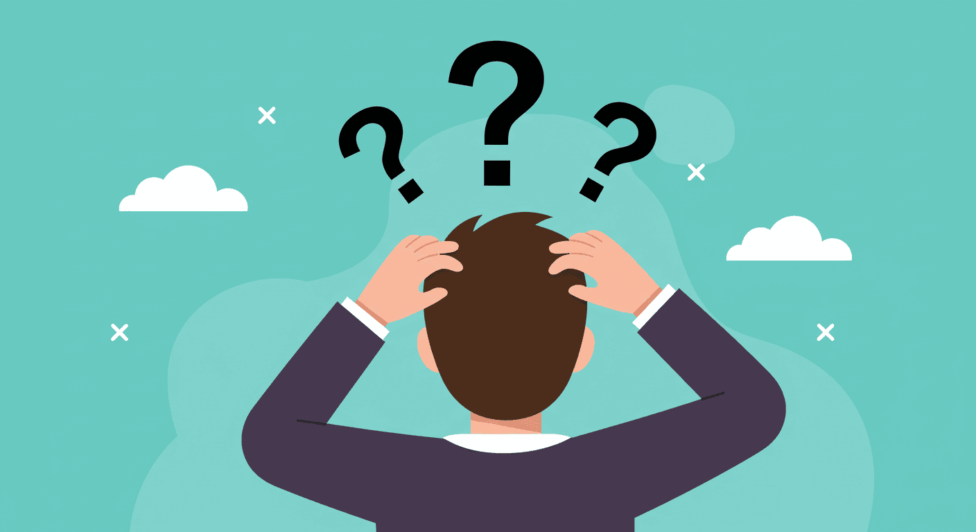Persona confundida con signos de interrogación. Ilustración de un hombre con las manos en la cabeza, representando duda o problema. Fondo turquesa con nubes y cruces. Accesibilidad web y SEO.