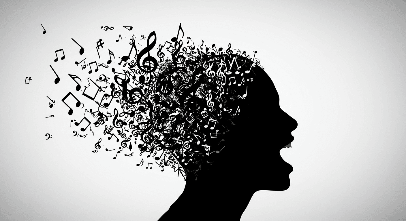 "Silueta negra de perfil de una persona cantando, con notas musicales formando su cabello, sobre fondo blanco. Ilustración conceptual de música, canto y expresión. Imagen accesible y optimizada para buscadores."