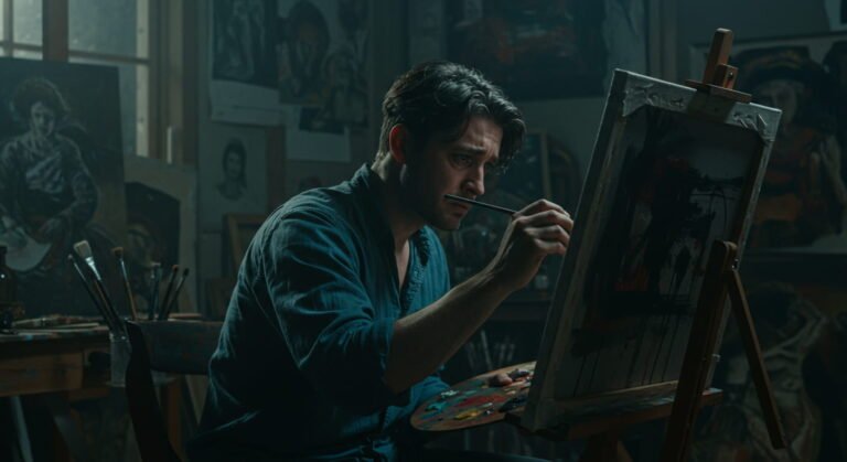 Artista masculino concentrado en pintar en un estudio de arte con iluminación tenue. Sostiene un pincel y una paleta de colores vibrantes, rodeado de obras de arte y bocetos en un ambiente creativo.