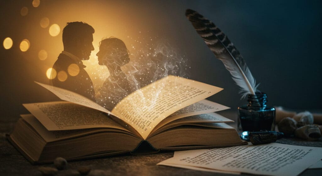 5 poemas hermosos que debes leer al menos una vez en la vida 6 Escena artística y poética que simboliza la esencia de la poesía. Un libro abierto con versos manuscritos delicados reposa bajo una luz cálida y tenue. De sus páginas emergen sutiles destellos de luz o niebla, representando la emoción y la belleza intangible de la poesía. En el fondo, una botella de tinta antigua con una pluma de escribir descansa junto a hojas dispersas con versos inacabados. Una silueta difusa de una pareja mirándose a los ojos se funde suavemente en la composición, evocando los versos de Bécquer. La atmósfera es nostálgica y mágica, con tonos dorados y azul profundo que transmiten pasión y el poder eterno de las palabras.