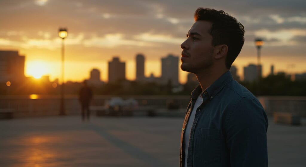 5 poemas hermosos que debes leer al menos una vez en la vida 7 Ilustración realista de un hombre de pie en un espacio urbano al atardecer, con el rostro iluminado parcialmente por la luz dorada del sol. Su expresión es introspectiva, como si estuviera tratando de expresar un amor inmenso e indescriptible. En el fondo, una figura se aleja lentamente, simbolizando la distancia y la añoranza. La escena transmite un sentimiento de amor profundo, deseo y la lucha por expresar lo que realmente se siente en el alma.