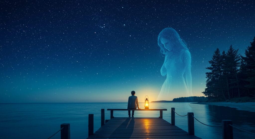 5 poemas hermosos que debes leer al menos una vez en la vida 8 Escena melancólica y poética bajo un vasto cielo estrellado. Una figura solitaria se sienta en el borde de un muelle de madera, contemplando el océano infinito, sumida en pensamientos de amor y pérdida. La noche es de un azul profundo, con estrellas titilando sobre él y reflejándose en el agua como recuerdos distantes. El viento suave agita las olas, susurrando ecos del pasado. Detrás de él, una silueta etérea y fantasmal de una mujer se desvanece en la noche, símbolo de un amor perdido: presente pero inalcanzable. Los árboles del fondo brillan tenuemente bajo la luz de la luna, con sus ramas pálidas balanceándose como si lloraran. Un farol a su lado proyecta una cálida luz dorada, arrojando sombras largas y solitarias. La atmósfera es íntima y nostálgica, impregnada de anhelo, recuerdo y la eterna tristeza de un amor que persiste más allá del tiempo.