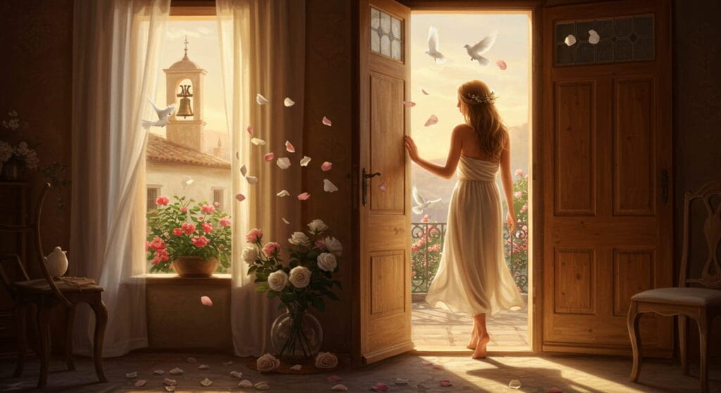 5 poemas hermosos que debes leer al menos una vez en la vida 9 Ilustración artística de una mujer abriendo la puerta de su hogar en una tranquila mañana. Su rostro refleja una mezcla de emoción y melancolía, como si sintiera la llegada de algo especial. A través de la puerta entreabierta, la luz del amanecer inunda el interior, iluminando pétalos de rosa blanca que flotan en el aire. Afuera, se ven palomas en vuelo y una torre con campanas sonando a lo lejos, creando una atmósfera de esperanza y poesía. La imagen simboliza la llegada inesperada del amor y la belleza de la vida en los momentos más sencillos.