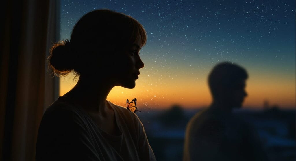 5 poemas hermosos que debes leer al menos una vez en la vida 11 Ilustración artística de una mujer sentada junto a una ventana al atardecer, con una expresión tranquila y melancólica mientras observa el horizonte. Un tenue resplandor dorado ilumina su rostro, contrastando con el cielo azul profundo lleno de estrellas. Una mariposa descansa en su hombro, representando la fragilidad de los sentimientos y los sueños. En el fondo, la silueta borrosa de otra persona sugiere una conexión a la distancia, reflejando la belleza del silencio compartido y el amor contenido en la ausencia.