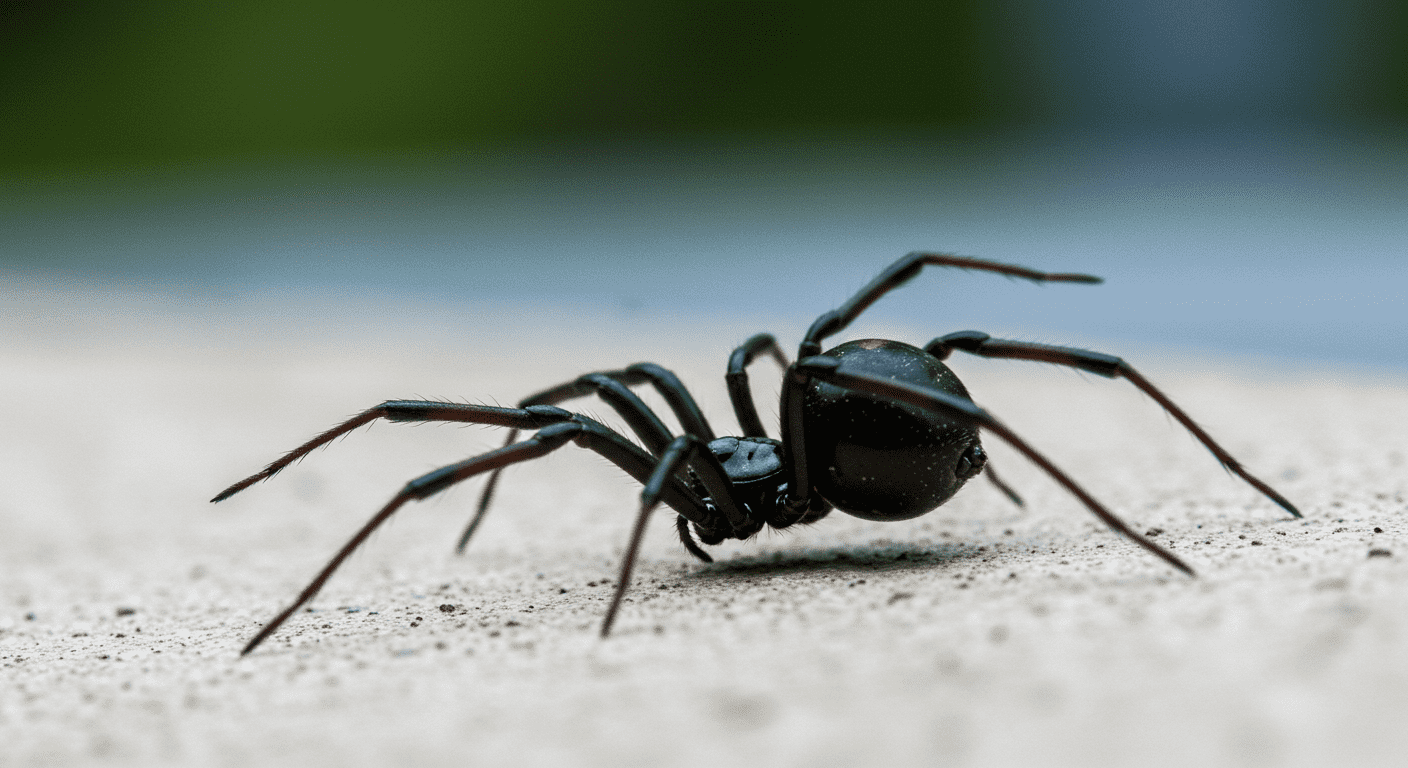 Araña viuda negra de cerca sobre superficie clara. Detalle del abdomen negro brillante con marca de reloj de arena naranja. Foto de araña venenosa para identificar y conocer.