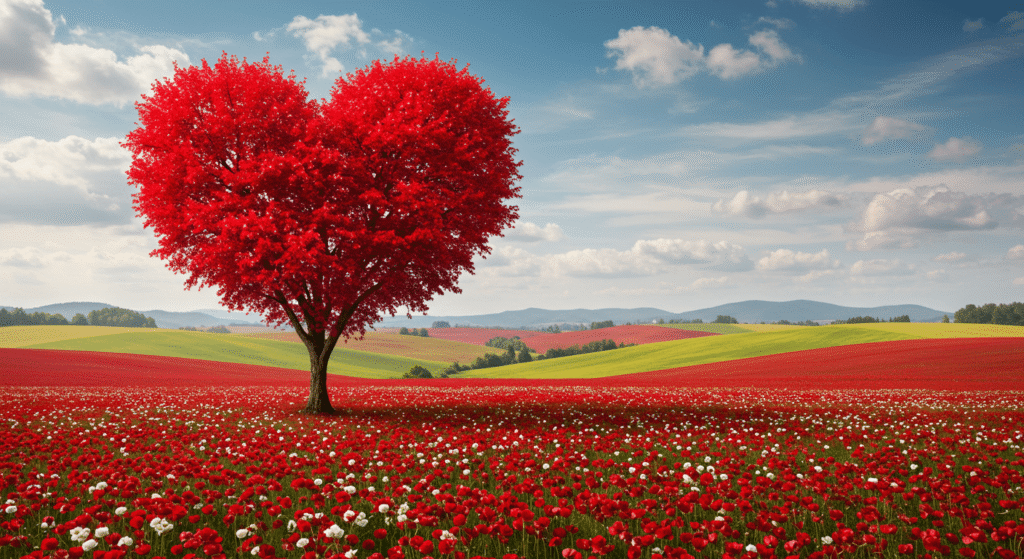 Árbol con forma de corazón en paisaje romántico con flores rojas y blancas. Fotografía para el día de San Valentín. Ideal para contenido de amor y naturaleza.