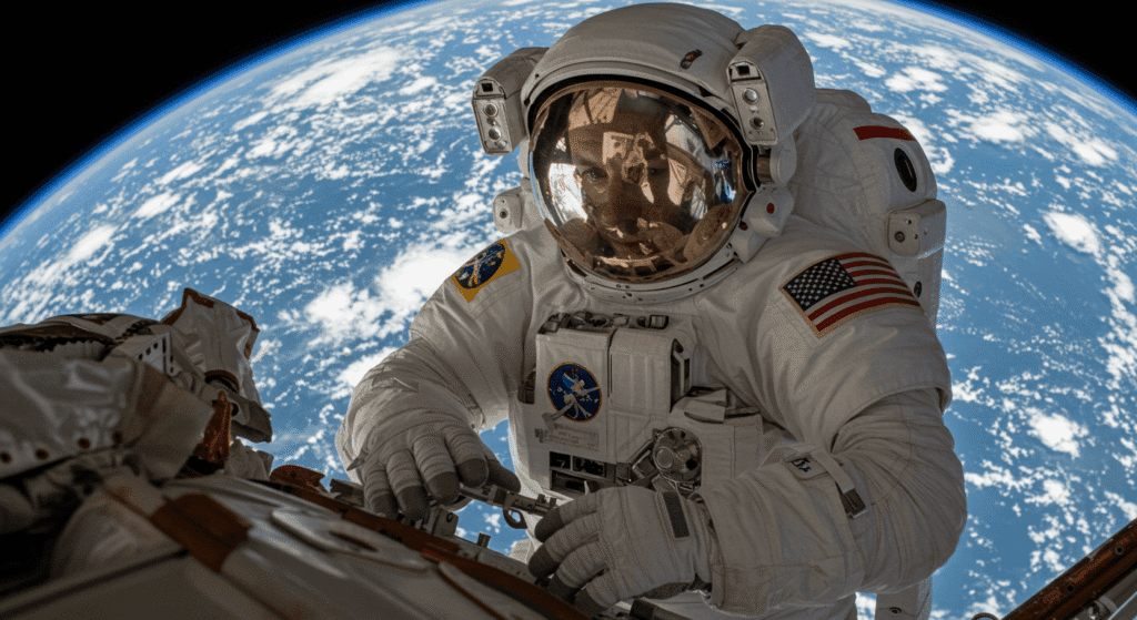 Las mejores películas inspiradas en la física teórica que debes ver 5 Astronauta trabajando en el espacio. Imagen de astronauta con traje espacial y la Tierra de fondo.