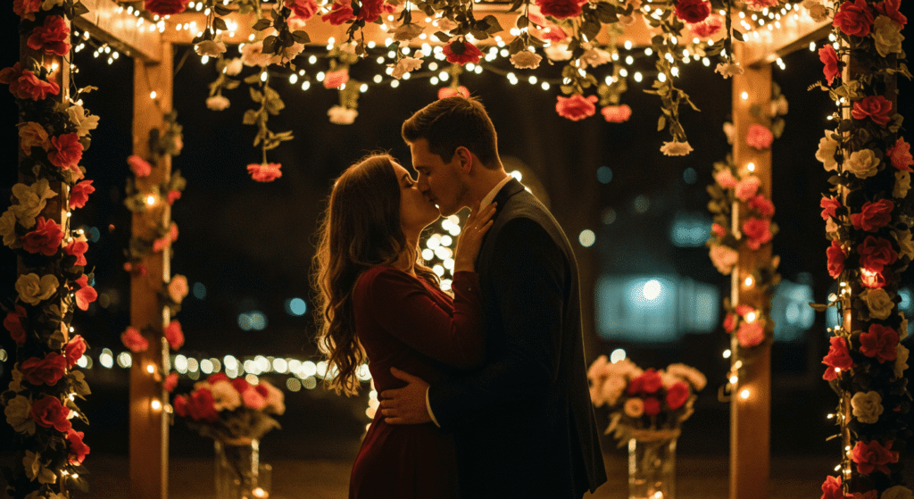Pareja besándose bajo arco de flores iluminado con luces en la noche. Imagen romántica para celebrar el amor en San Valentín o una boda.