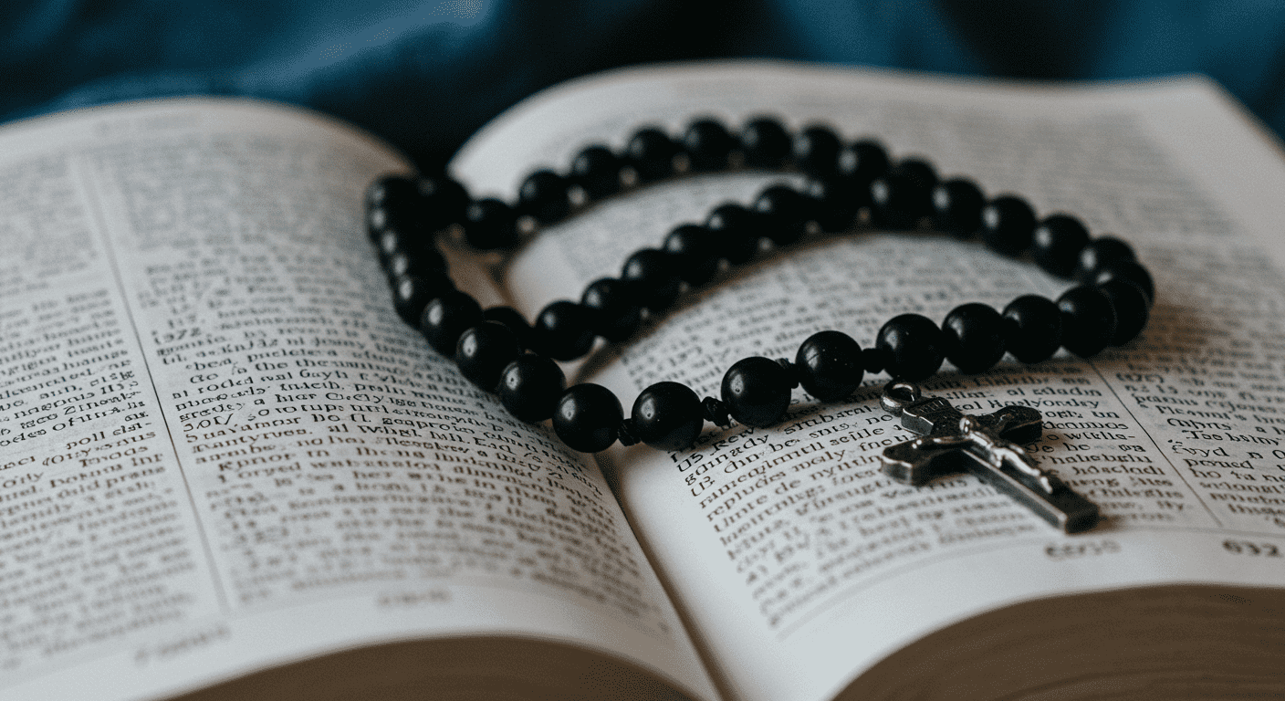 "Biblia abierta con rosario negro en las páginas de Salmos. Imagen religiosa de fe, oración y espiritualidad. Accesibilidad web y SEO."