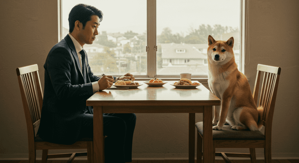 Profesiones raras y curiosas que probablemente no conocías 4 Hombre cenando con su perro. Imagen divertida de un Shiba Inu comiendo en la mesa. Mascotas y humor en la vida cotidiana.