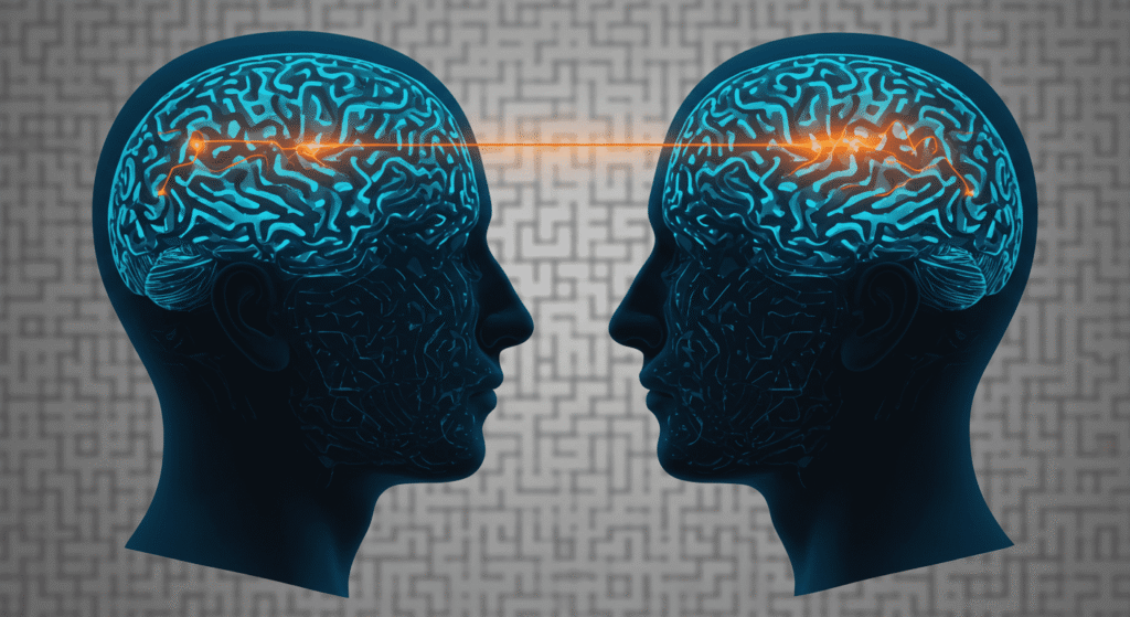 Ilustración de comunicación telepática entre dos personas. Transmisión de pensamientos e ideas. Concepto de telepatía y conexión mental.