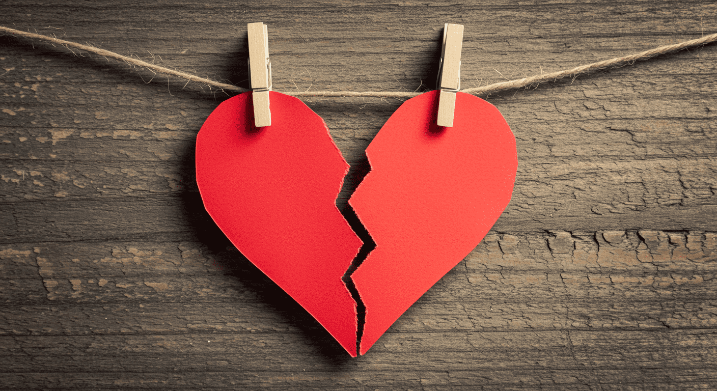 Corazón rojo roto colgando de una cuerda, simbolizando una ruptura o desamor. Imagen conceptual de tristeza y dolor emocional