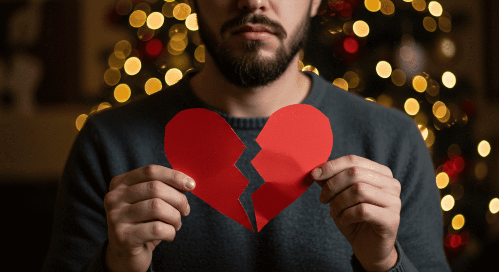 Manos sosteniendo un corazón rojo roto, simbolizando una ruptura o desamor. Imagen conceptual de tristeza y dolor emocional.
