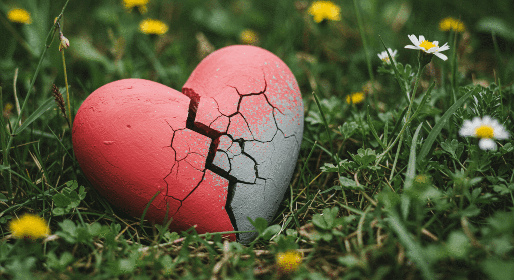 Corazón agrietado y roto en un prado verde, simbolizando desamor y fragilidad. Imagen conceptual sobre emociones y la naturaleza