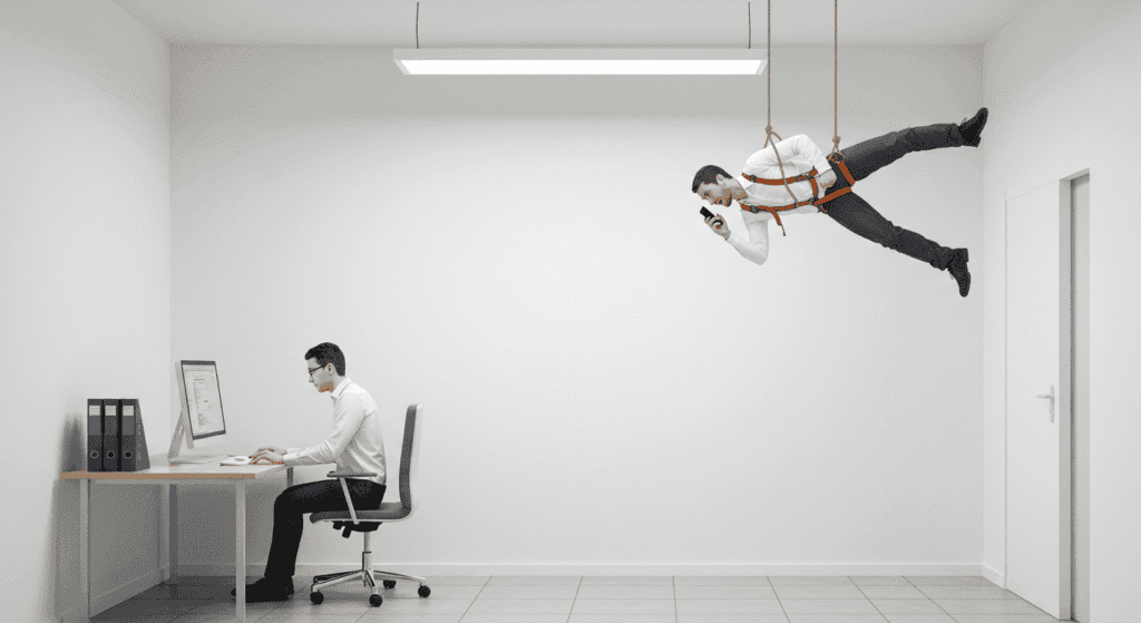 Distracción en la oficina. Hombre colgado del techo usando el móvil. Humor y situaciones laborales inusuales.