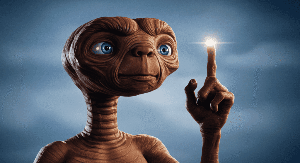 Las mejores películas inspiradas en la física teórica que debes ver 2 E.T. el extraterrestre, personaje de la película E.T. Retrato de extraterrestre con dedo brillante.
