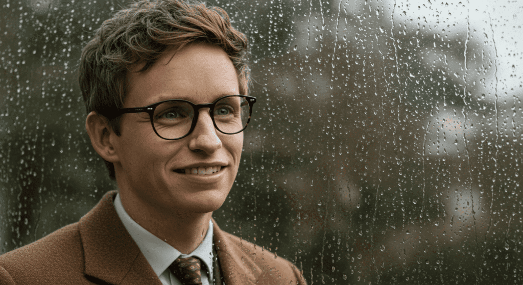 Stephen Hawking: una gran pérdida para la ciencia y la humanidad 5 "Eddie Redmayne como Stephen Hawking mirando por la ventana bajo la lluvia. Imagen del actor interpretando al científico en la película 'La Teoría del Todo'. Fotografía accesible y optimizada para SEO."