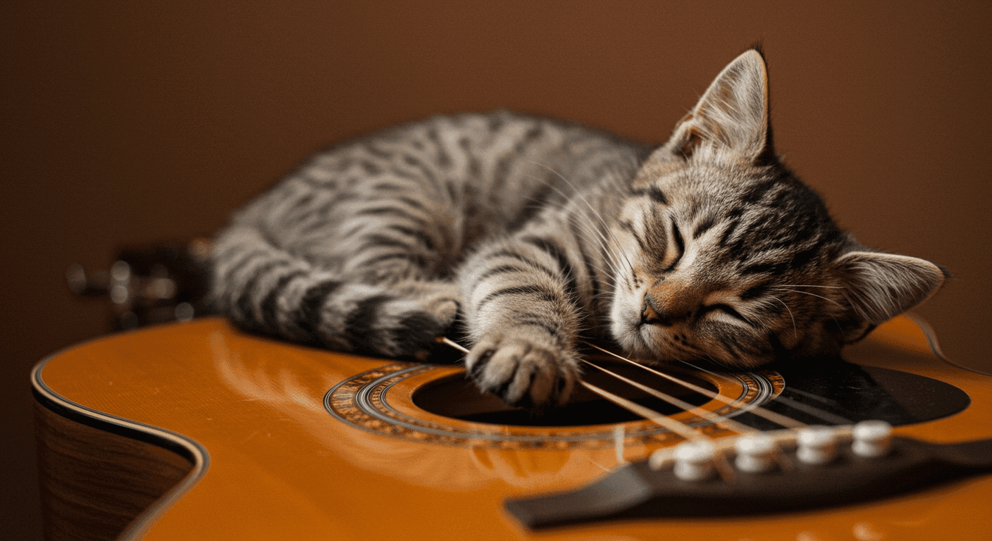 "Gatito durmiendo en guitarra. Imagen de un adorable gatito descansando sobre una guitarra acústica. La fotografía destaca la ternura del animal y la calidez de la madera del instrumento. Ideal para amantes de los animales y la música. Gato y música, imagen relajante."