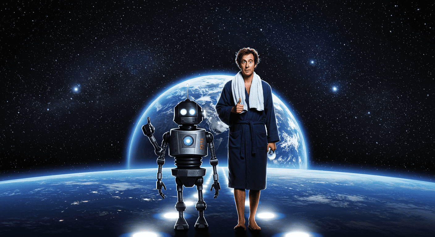 Guía del autoestopista galáctico con un robot. Película de ciencia ficción.