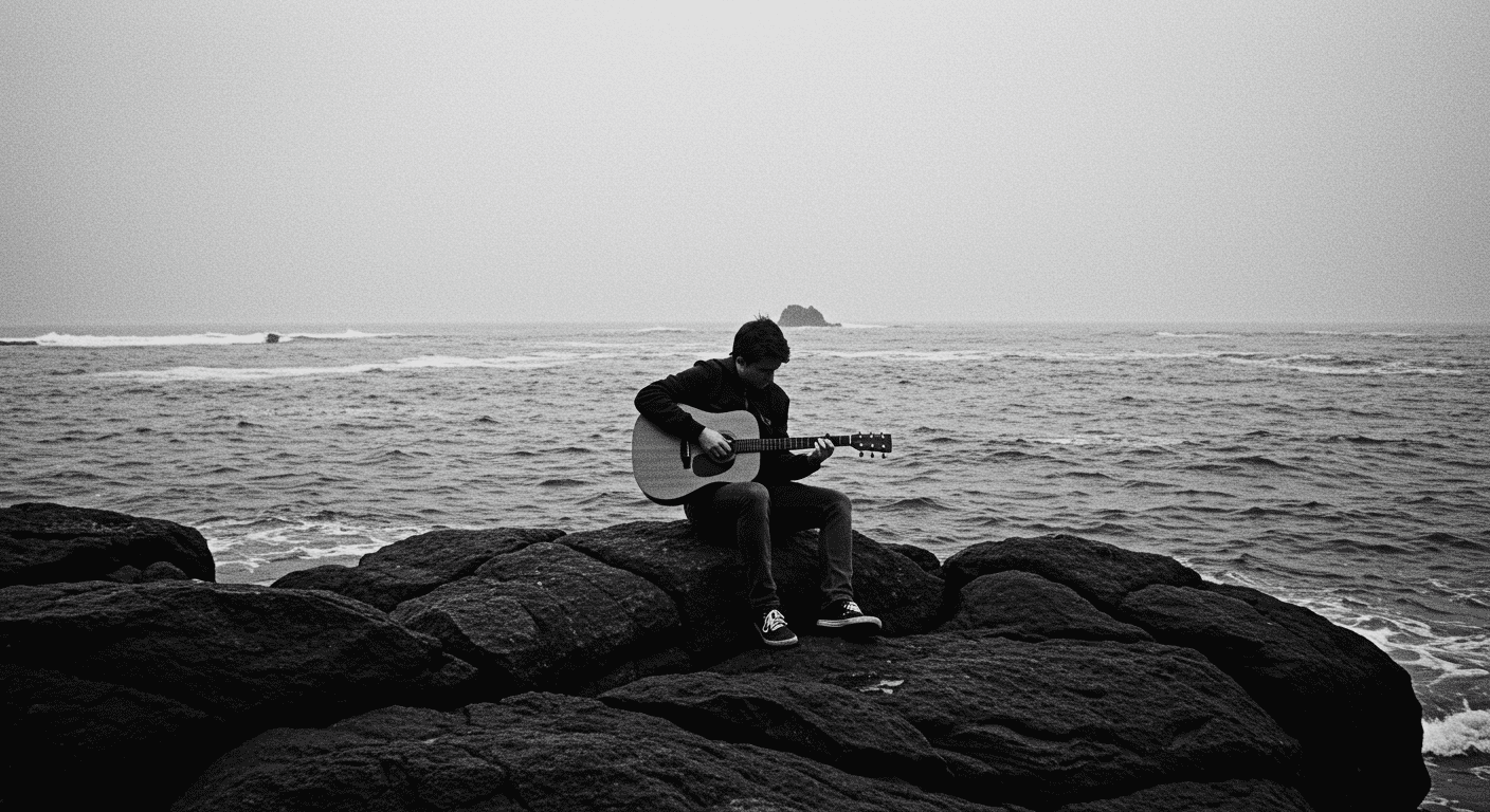 Persona tocando la guitarra en roca frente al mar en blanco y negro. Músico en la costa disfrutando de la naturaleza y la música. Ideal para contenido de música y paisajes.