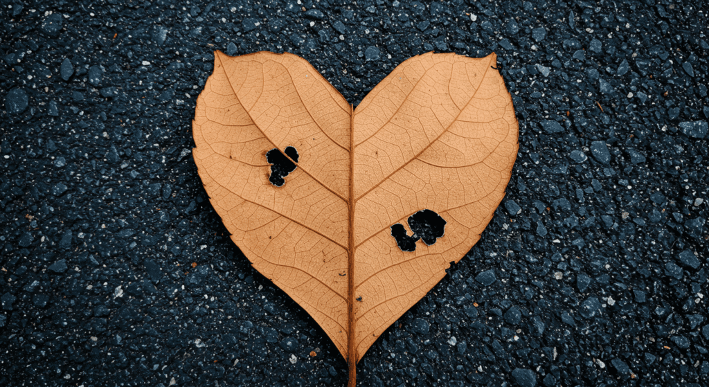 Hoja seca con forma de corazón sobre asfalto, simbolizando la fragilidad de la naturaleza. Imagen conceptual de la belleza efímera en un entorno urbano.