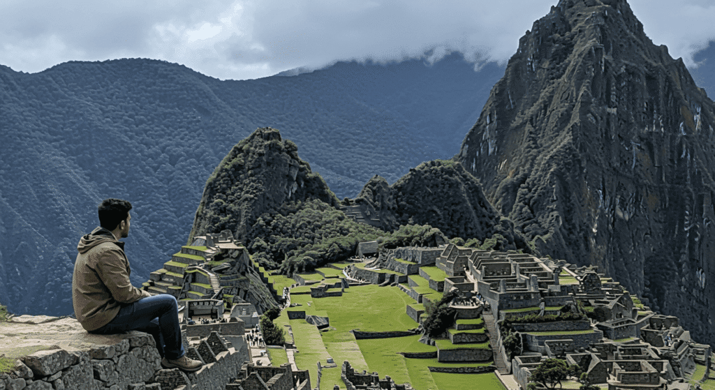 Turista contemplando Machu Picchu en día nublado. Hombre observando la ciudadela inca entre la niebla. Viajes y aventuras en Perú.