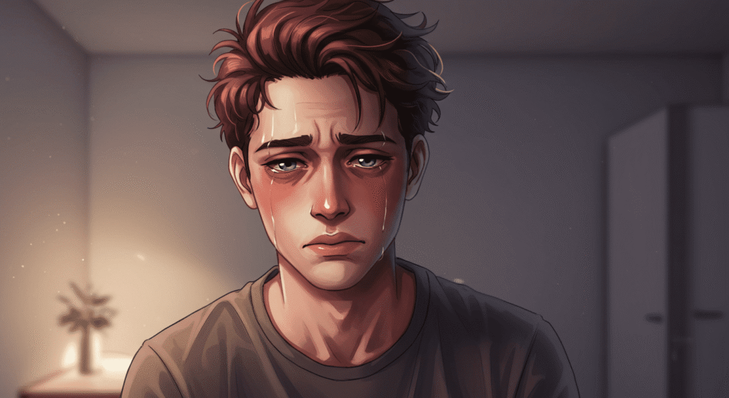 Ilustración digital de un hombre joven llorando, expresando tristeza y vulnerabilidad. Imagen conceptual sobre emociones y salud mental