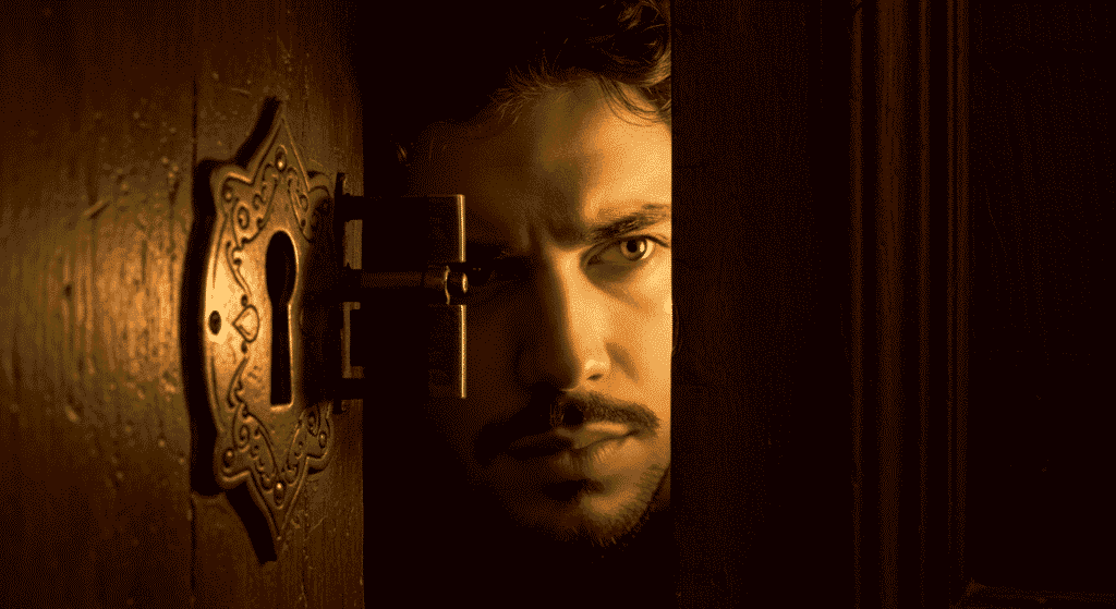 Hombre espiando por la cerradura de una puerta. Intriga y misterio en un ambiente oscuro. Observación secreta y curiosidad.