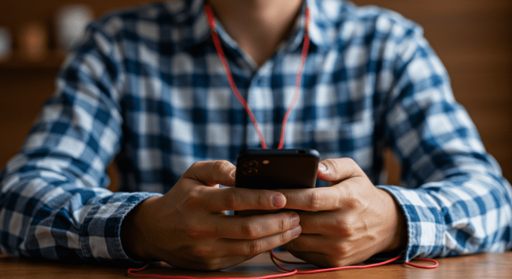 Hombre escuchando música en smartphone con audífonos. Persona con camisa a cuadros disfrutando de contenido en su teléfono móvil. Ideal para contenido de tecnología y estilo de vida.