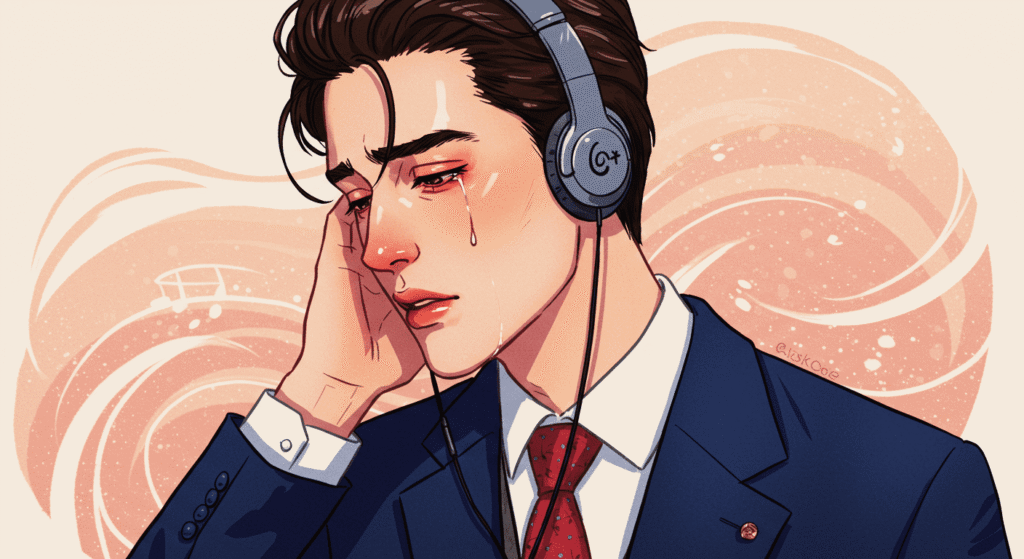 Ilustración de joven triste escuchando música con audífonos y lágrima. Dibujo de persona melancólica disfrutando de la música. Ideal para contenido de emociones y estilo de vida.