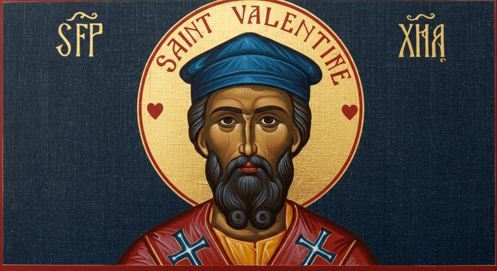 Icono religioso de San Valentín con barba y halo dorado. Imagen del santo patrón del amor y la amistad. Ideal para contenido del día de San Valentín y religión.

