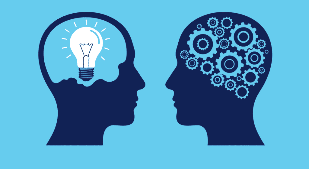 Ilustración de ideas y engranajes mentales. Proceso de pensamiento y creatividad. Concepto de innovación y colaboración.