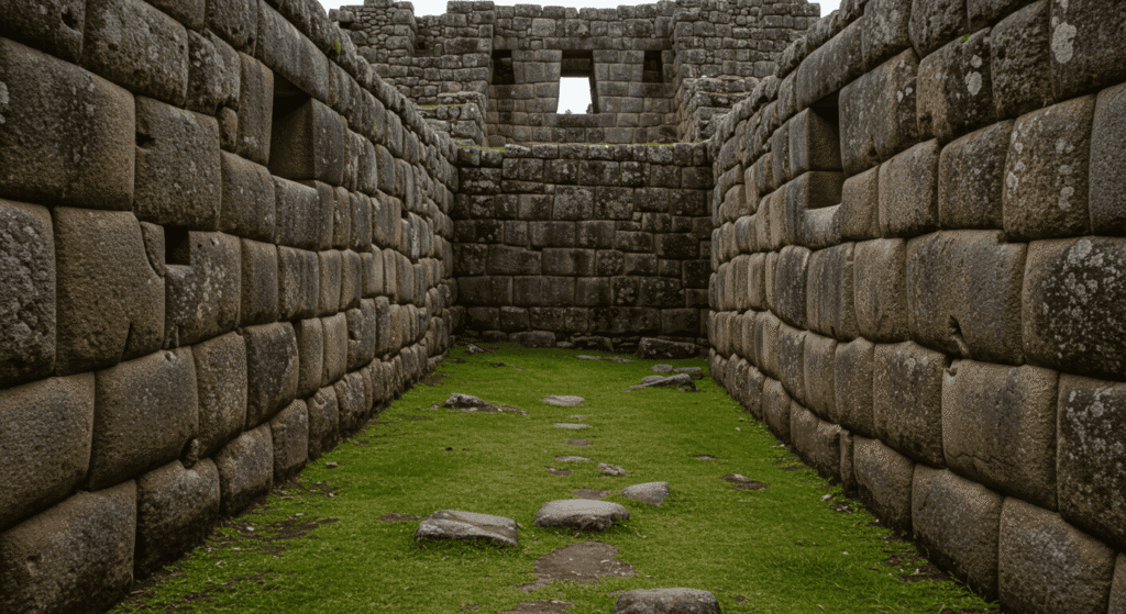 Interior de edificio de piedra en Machu Picchu. Muros incas con musgo. Arquitectura ancestral y ruinas.