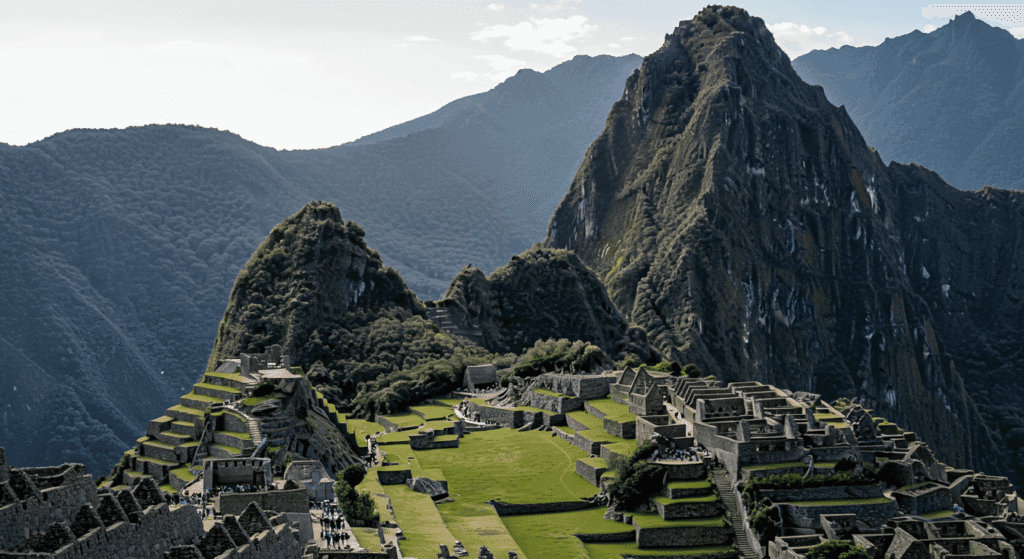 Terrazas agrícolas de Machu Picchu. Andenes incas y paisajes verdes. Arquitectura antigua y agricultura.