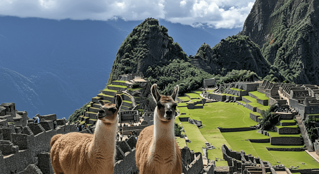 Llamas en Machu Picchu con dia soleado