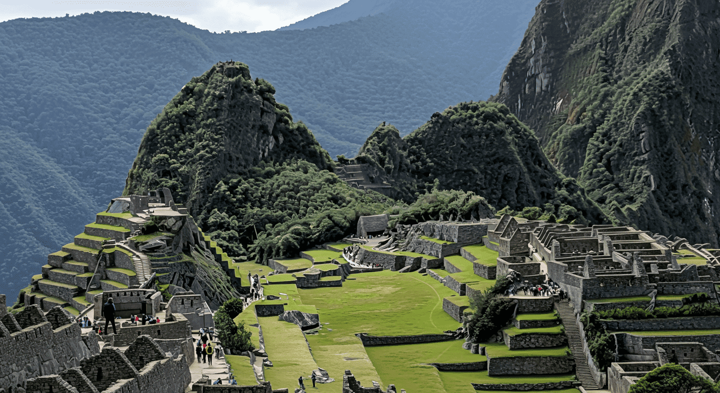 Turistas en Machu Picchu explorando en un día soleado