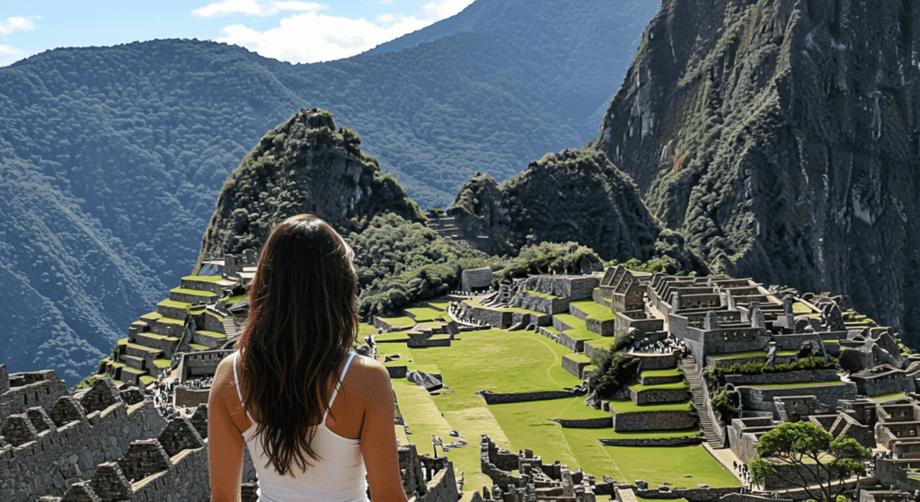 Mujer mirando a Machu Picchu en un día soleado.
